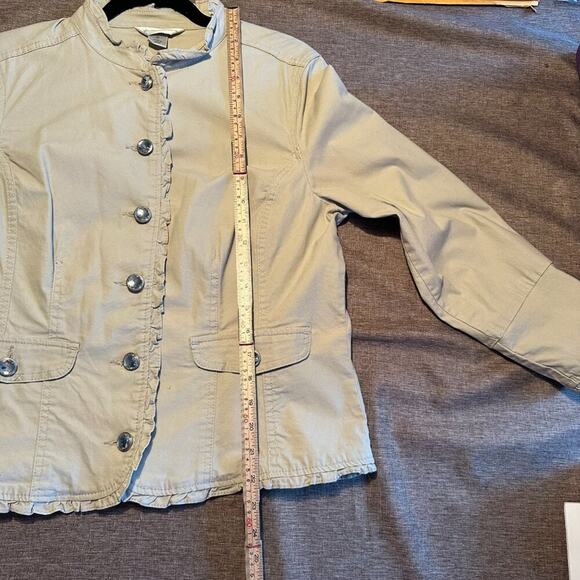 Fitted Ruffle Beige Khaki Jacket Clear Rhinestone Gem Button Up - Size M - Picture 9 of 15